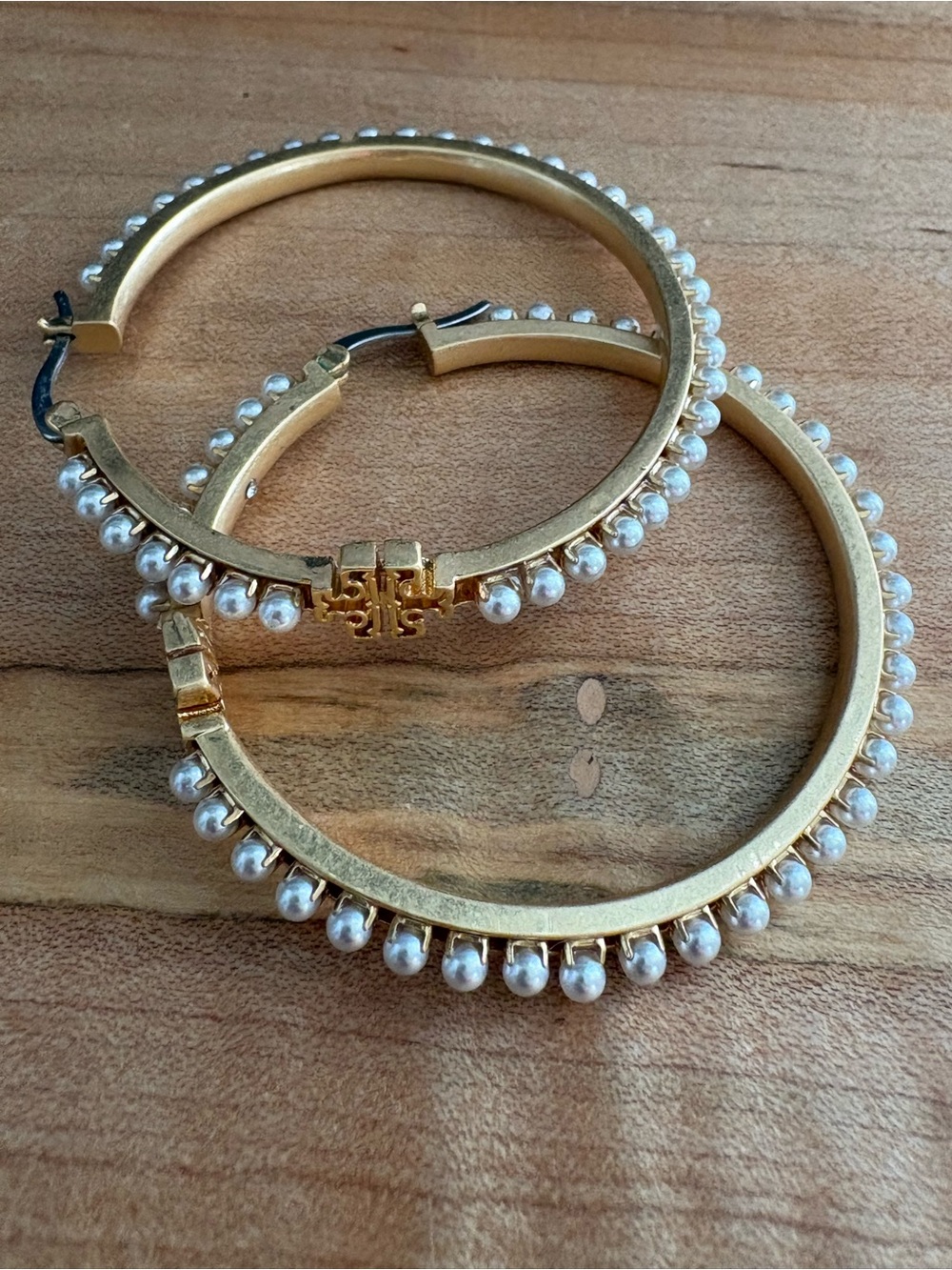 Tory Burch 2” Gold Logo Hoop Earrings with Pearl Bead Accents
